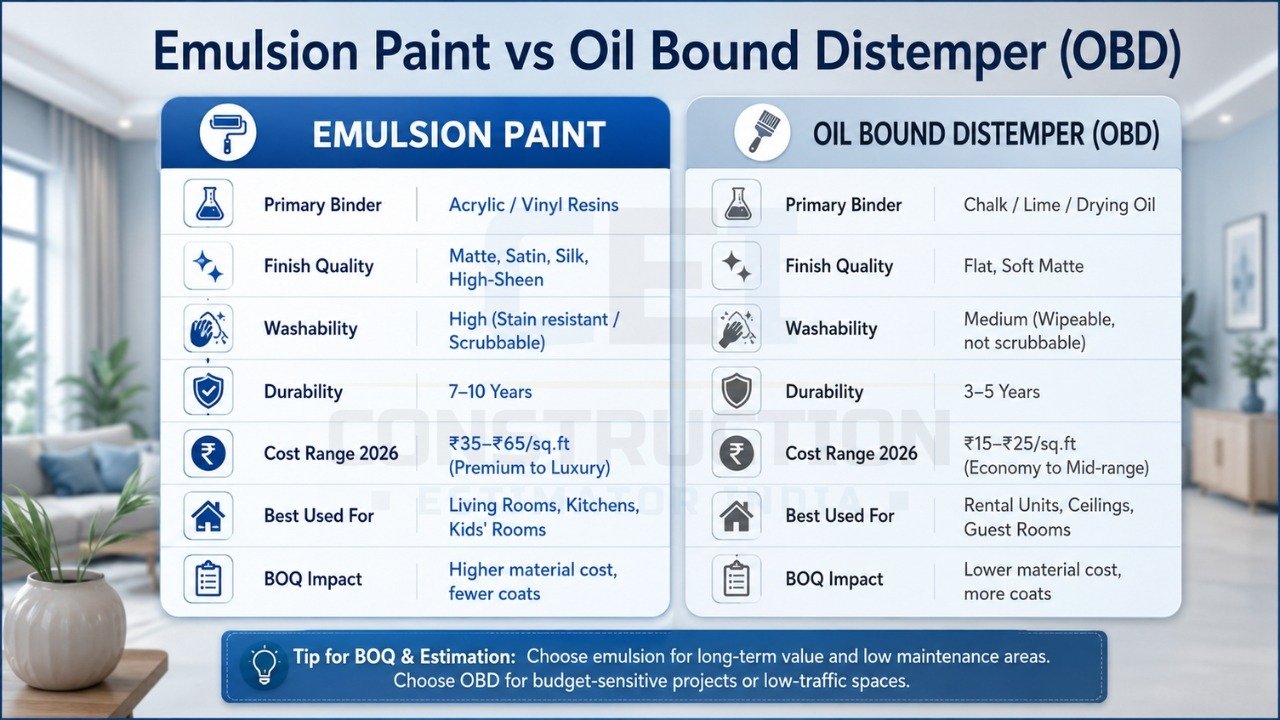 Emulsion paint vs OBD comparison with durability, washability, cost, and best use
