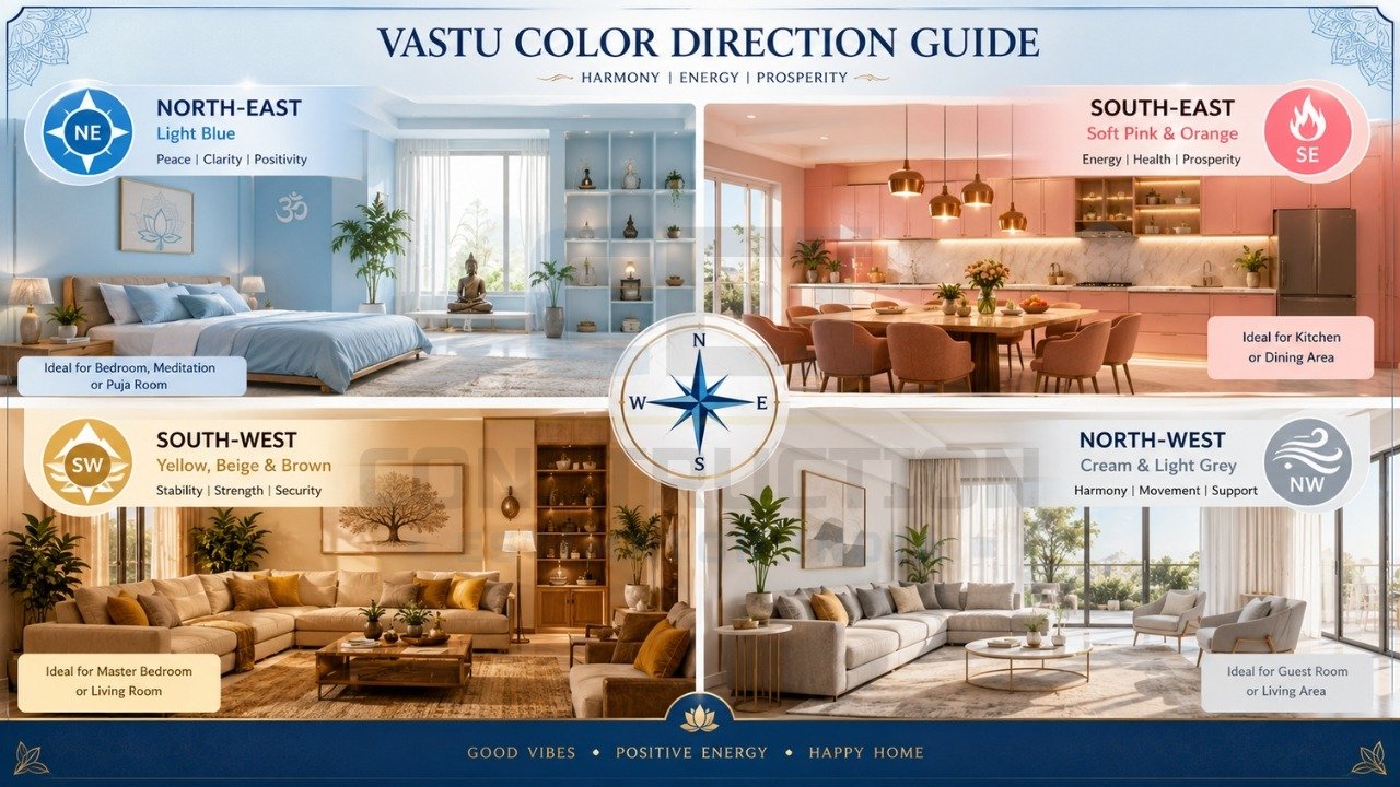 Vastu color direction guide with north-east blue, south-east pink, south-west earthy tones, and north-west neutral shades