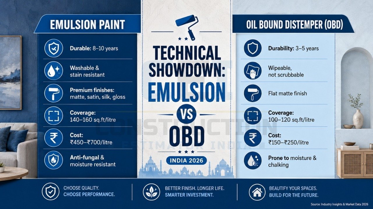 Emulsion vs OBD paint comparison India 2026 with durability, cost, coverage, and finish differences