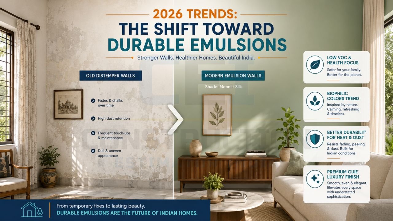 Modern emulsion painted wall compared with old distemper wall in Indian home interior