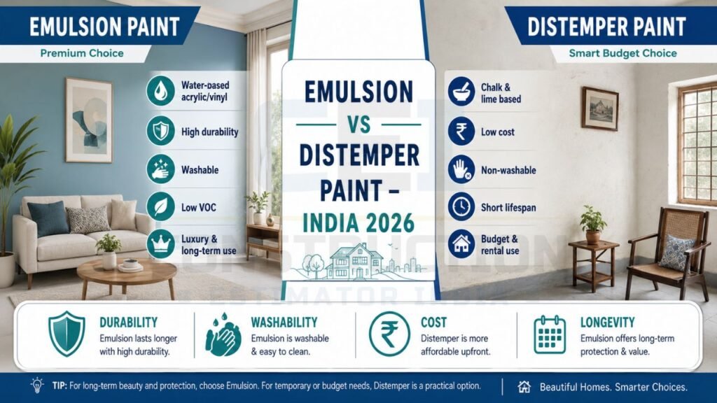 Comparison chart showing benefits of emulsion paint versus distemper paint for Indian homes