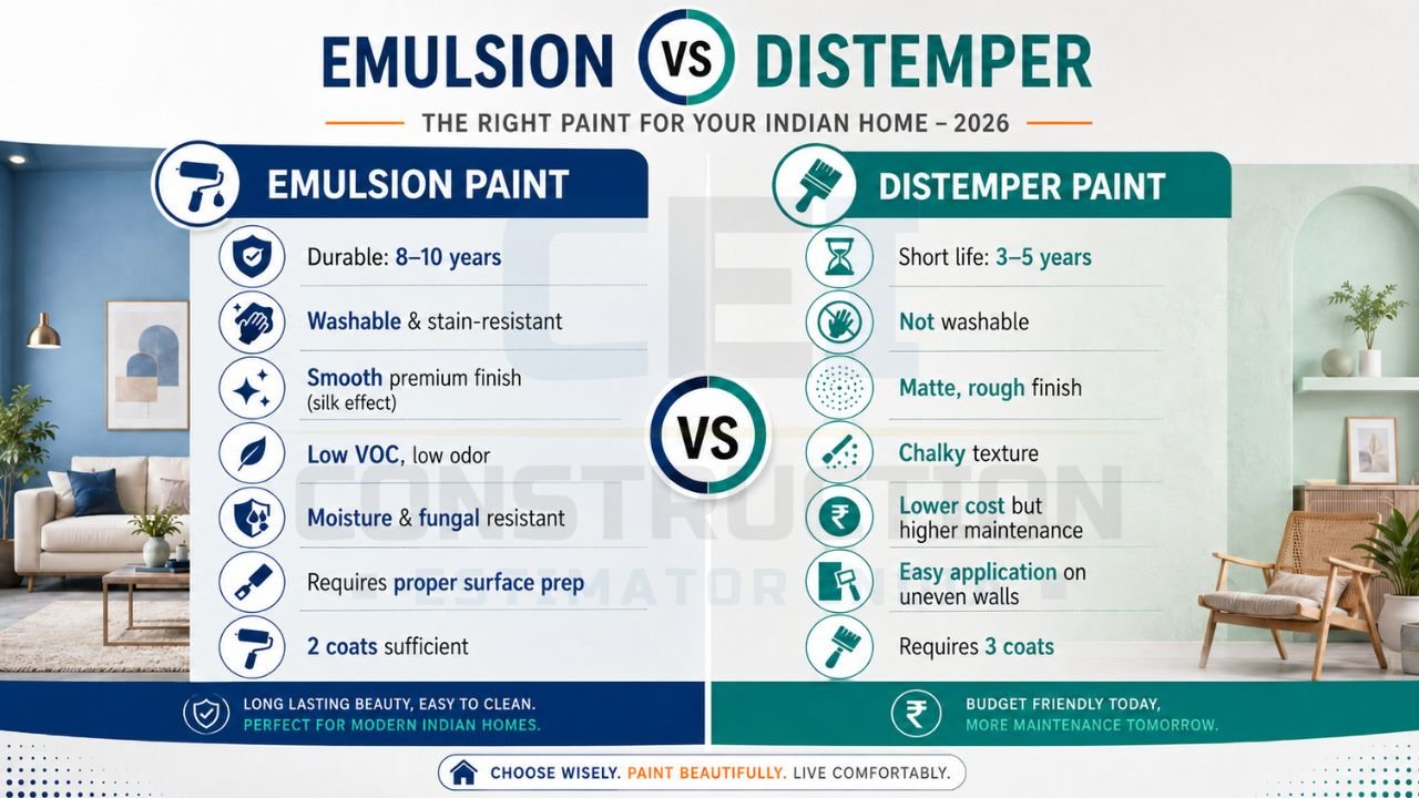 Side-by-side comparison of emulsion paint and distemper paint for Indian homes