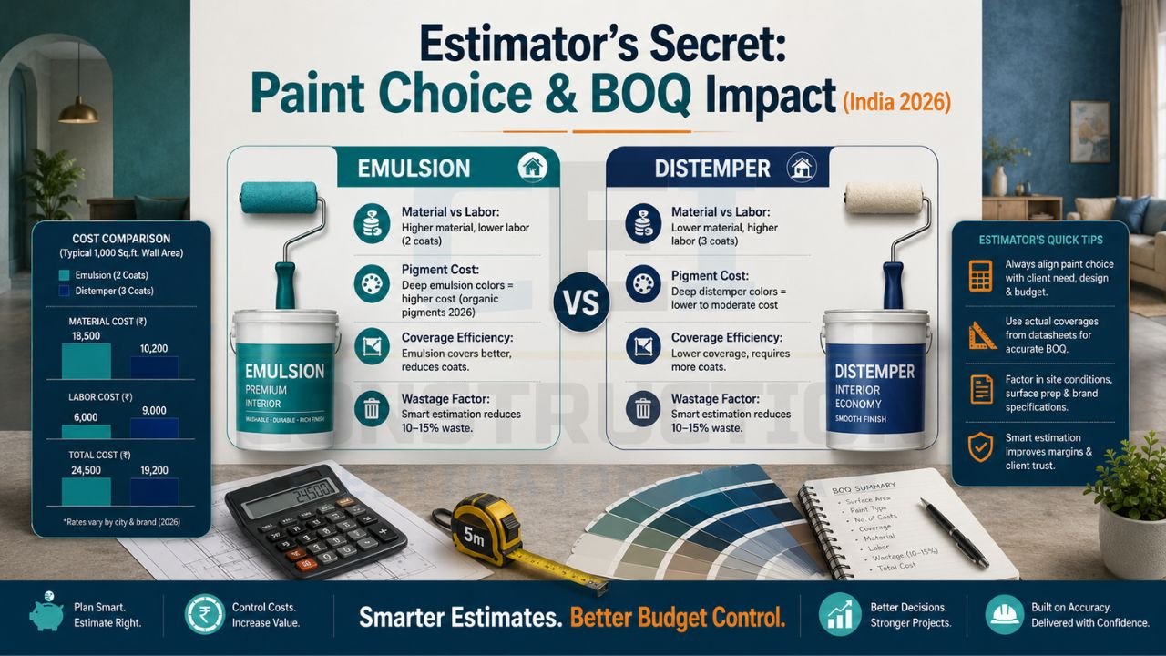 Comparison infographic showing emulsion vs distemper paint cost impact on BOQ and project budgeting