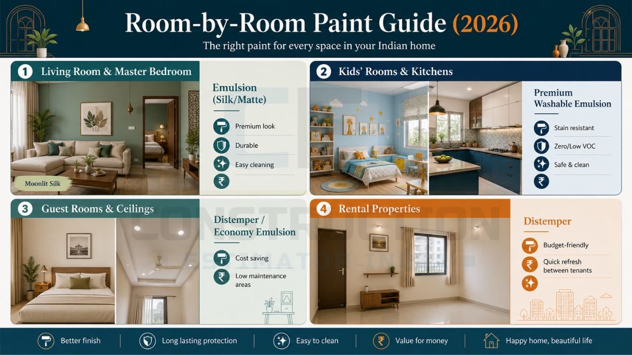 Interior room paint guide showing best paint types for living rooms, bedrooms, kitchens, and rental properties