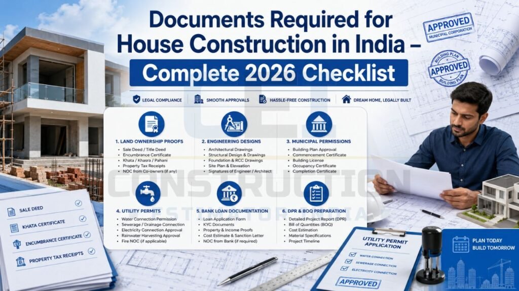 Comprehensive 2026 checklist of documents required for home construction in India, including ownership proofs, engineering drawings, municipal permits, utility approvals, loan documents, and BOQ preparation.