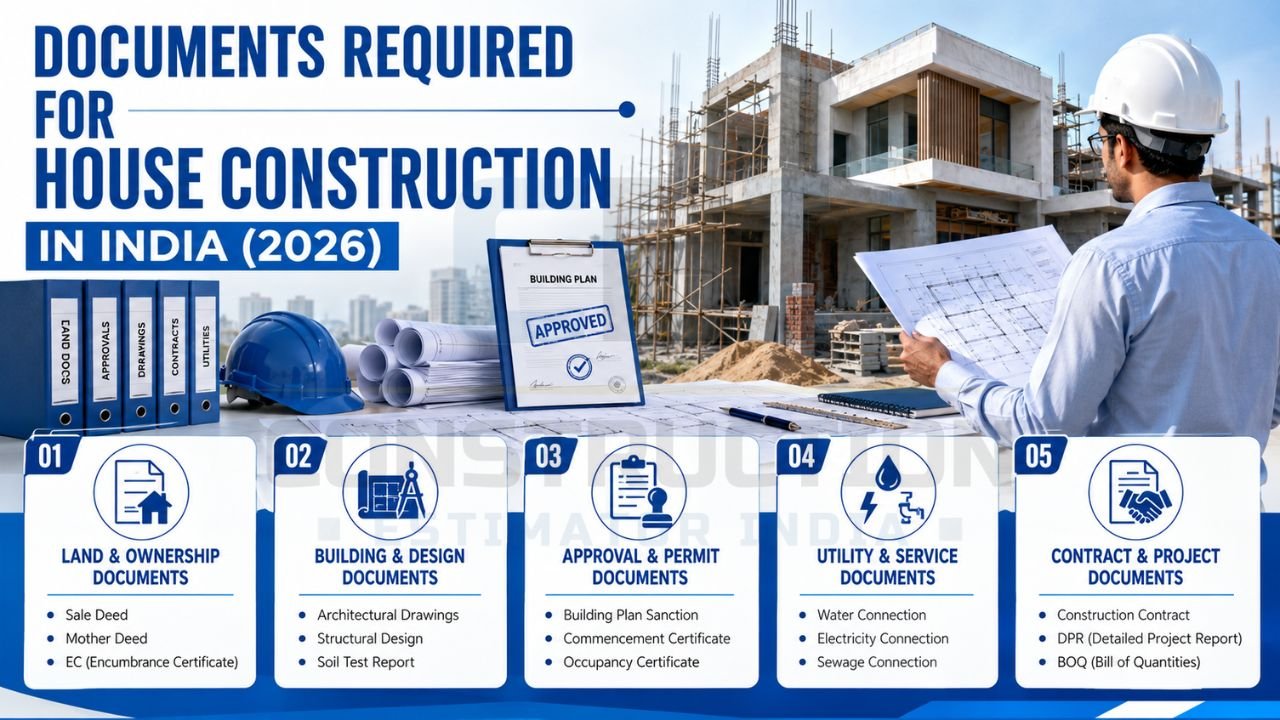 Overview of required construction documents in India, covering land records, design documents, approvals, utility permits, and construction contracts.
