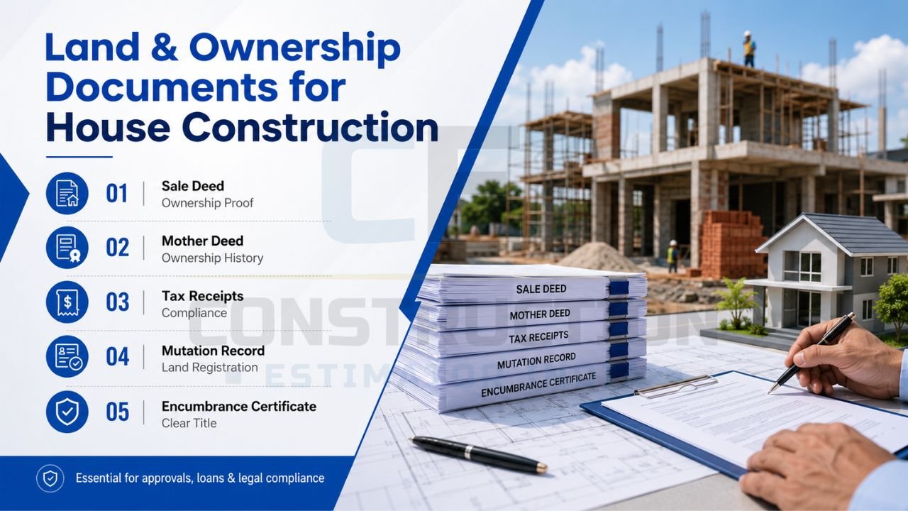 Land ownership documents required for house construction, including sale deed, mother deed, tax receipts, mutation records, and encumbrance certificate.