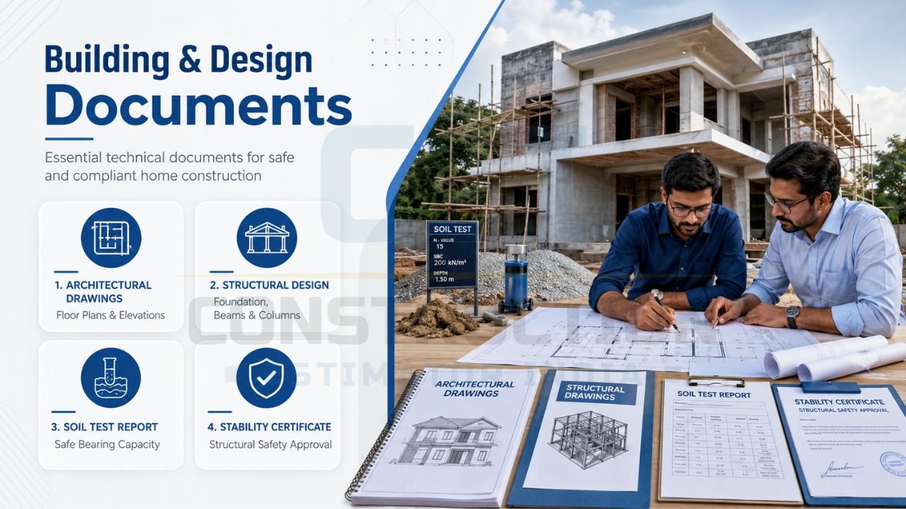 Essential building and design documents for home construction, including architectural drawings, structural design reports, soil testing reports, and stability certificates.