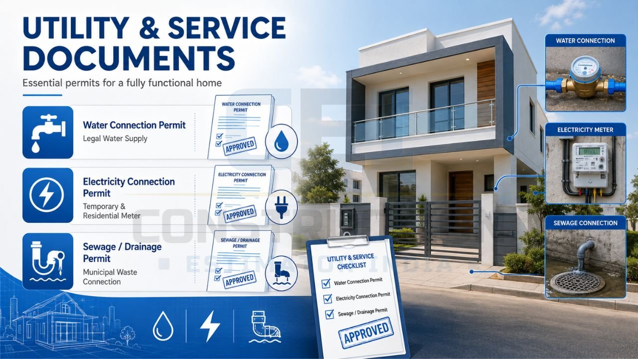 Utility connection permits required for home construction, including water supply, electricity connection, and sewage or drainage approvals.