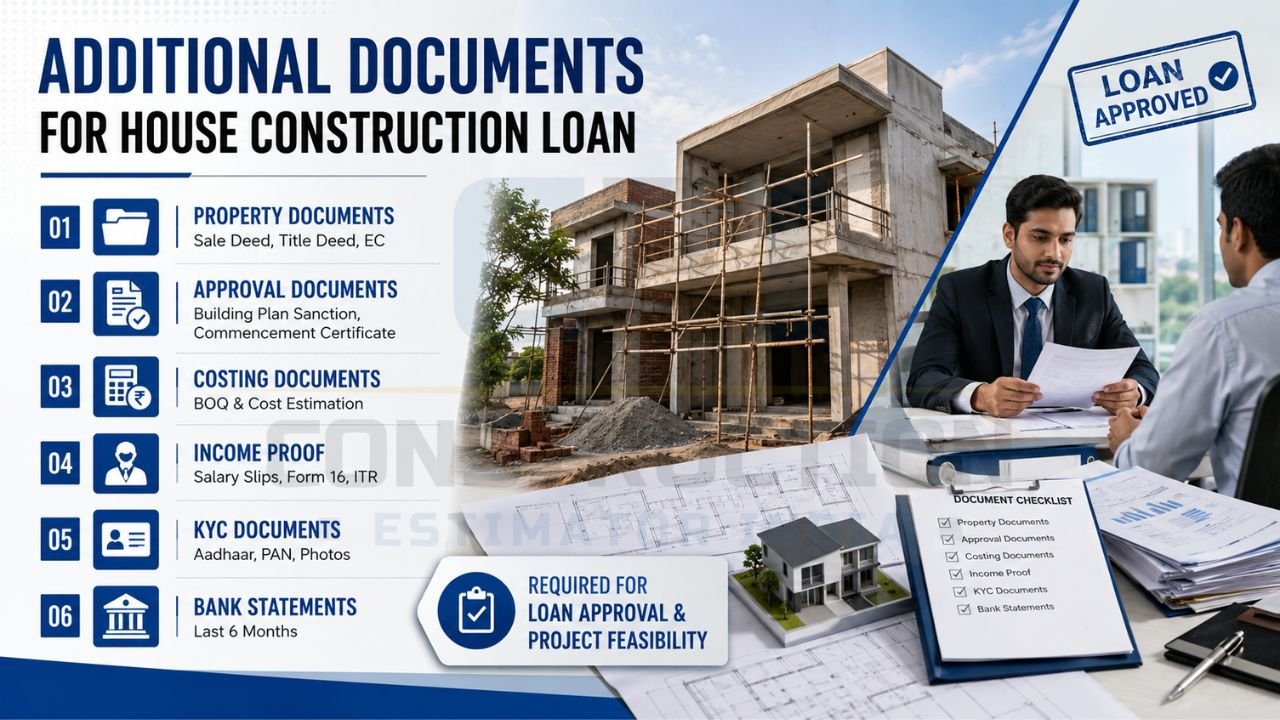 Checklist of documents required for a house construction loan in India, including property papers, approvals, cost estimates, income proof, KYC, and bank statements.