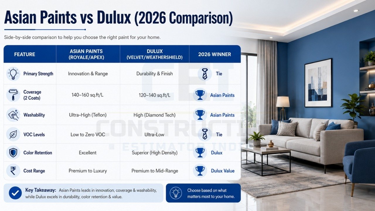 Asian Paints vs Dulux comparison 2026 showing coverage, washability, durability, VOC levels, and cost differences