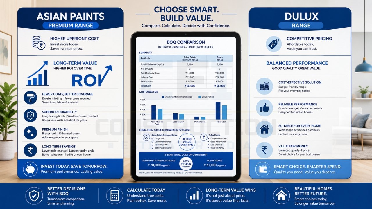 Asian Paints vs Dulux paint comparison 2026 showing cost, ROI, durability, and long-term value analysis