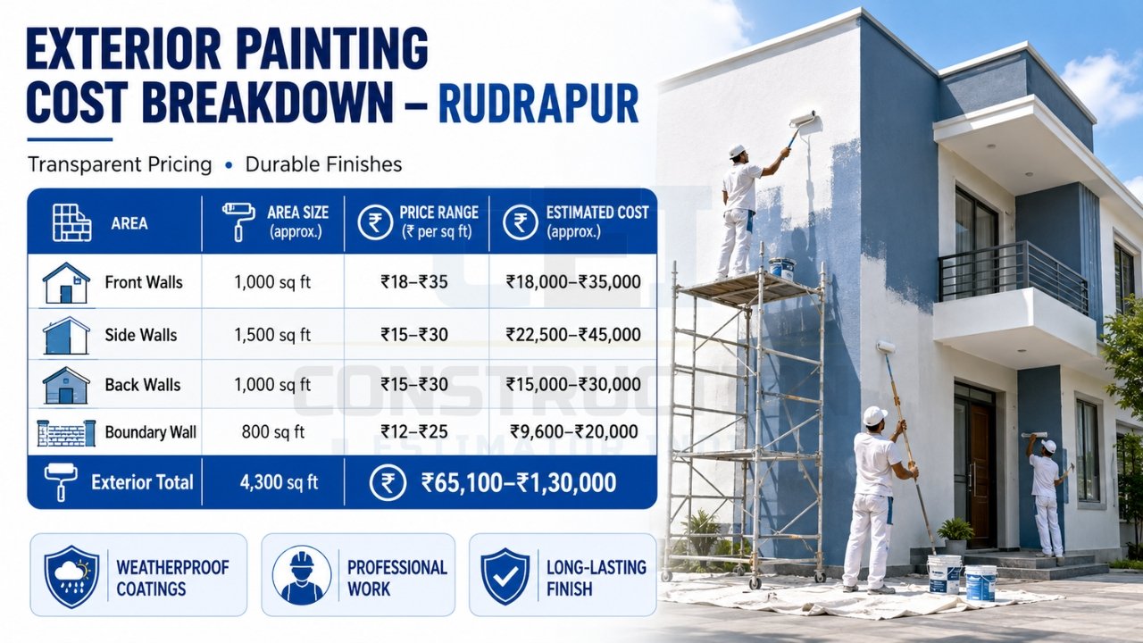 Exterior painting cost breakdown Rudrapur showing front, side, back, and boundary wall costs with total estimate