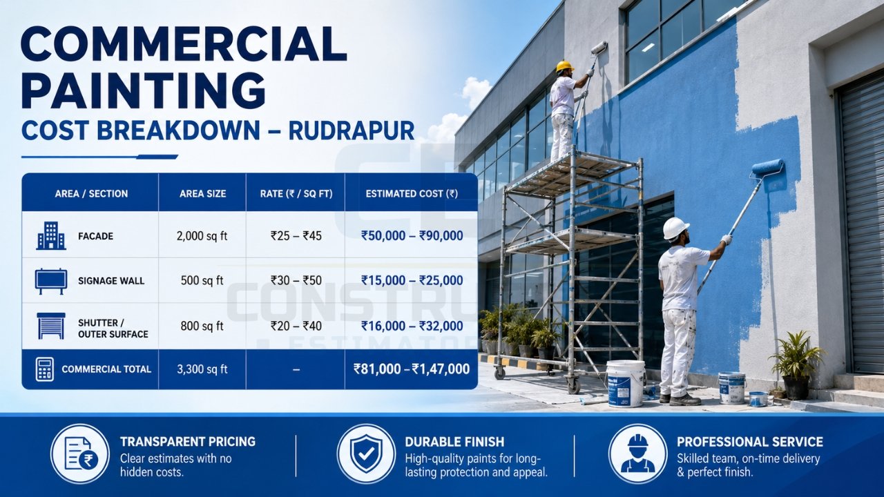 Commercial painting cost breakdown Rudrapur showing facade, signage wall, and shutter painting costs with total estimate