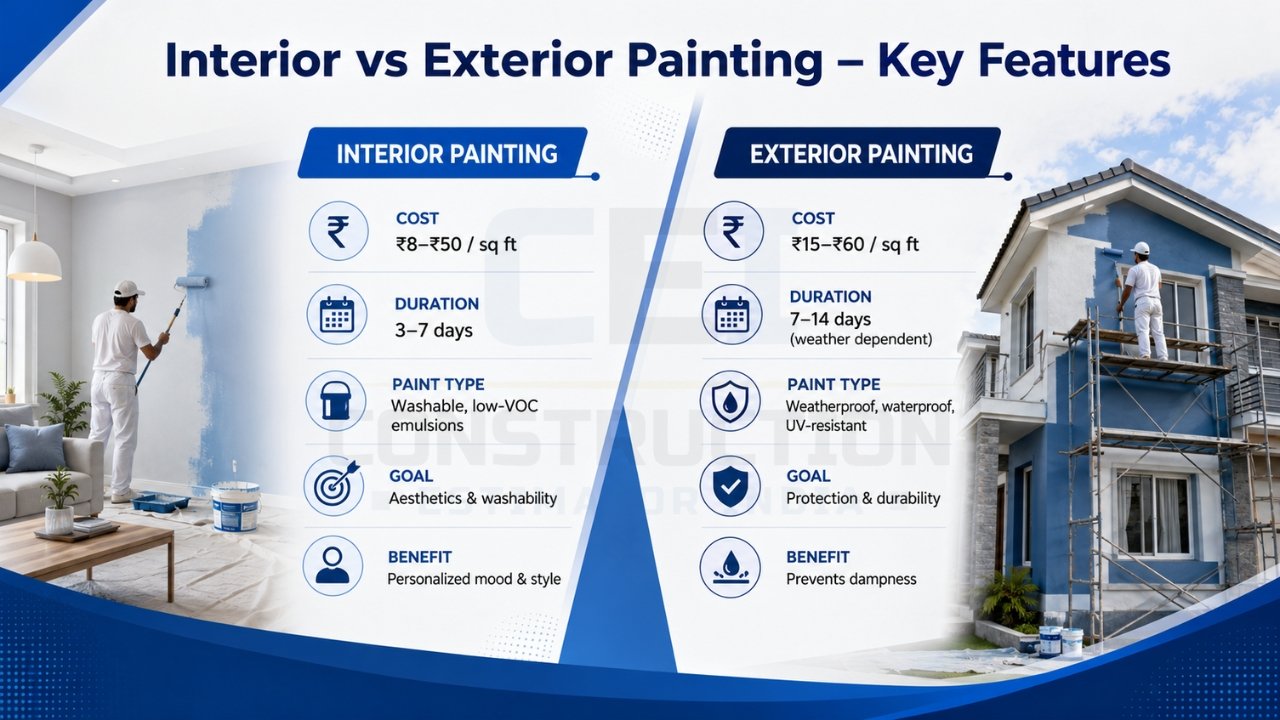Interior vs exterior painting key features comparison showing cost, duration, paint type, goal, and benefits