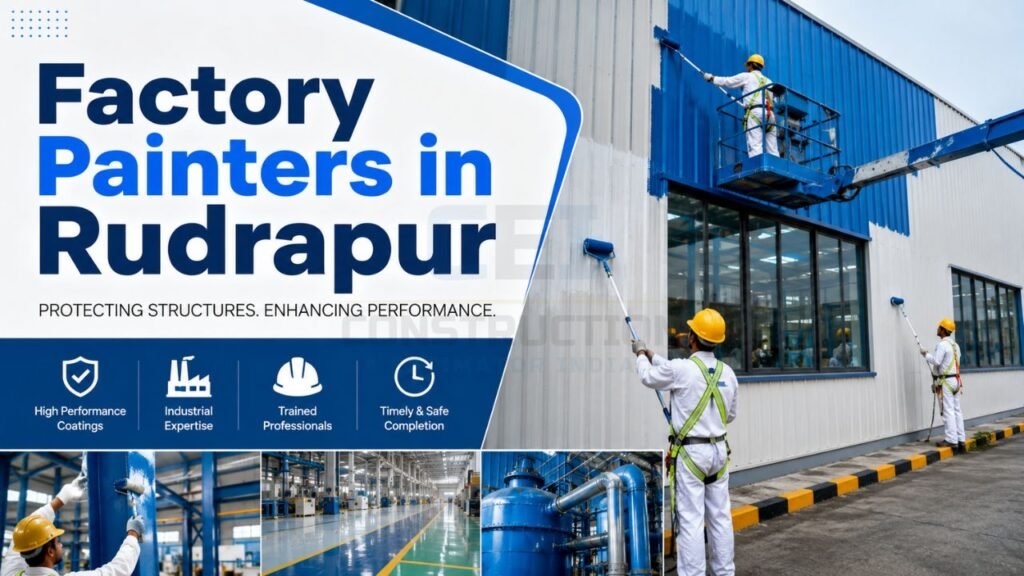 Professional factory painters applying industrial coatings and exterior paint on factory buildings in Rudrapur, Uttarakhand