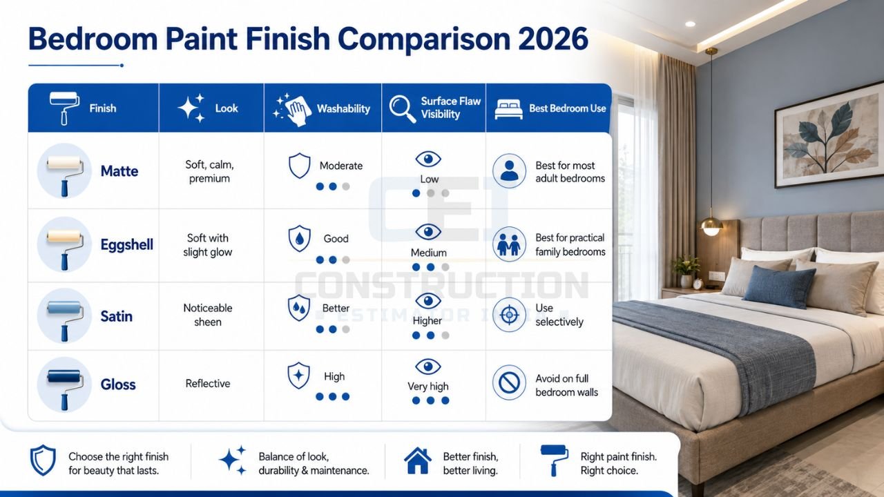 Bedroom paint finish comparison chart showing matte, eggshell, satin, and gloss wall paint finishes for modern bedrooms