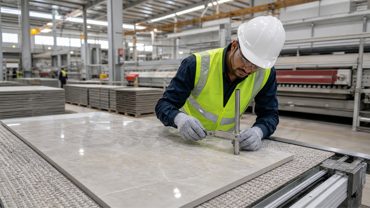 Quality inspector measuring rectified porcelain floor tile edge tolerance at Morbi factory – floor tiles exporter India