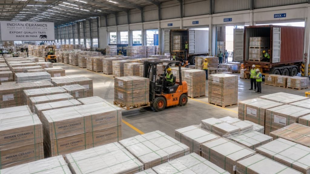 Floor tiles warehouse in India with bulk packaging and forklift loading containers for export to Kenya