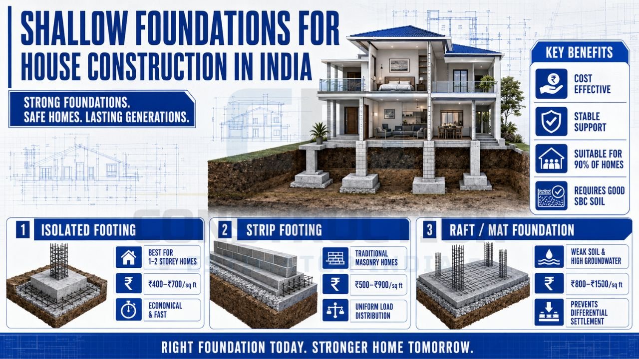 Detailed guide to shallow foundation types showing isolated footing, strip footing, and raft or mat foundation with benefits and applications.