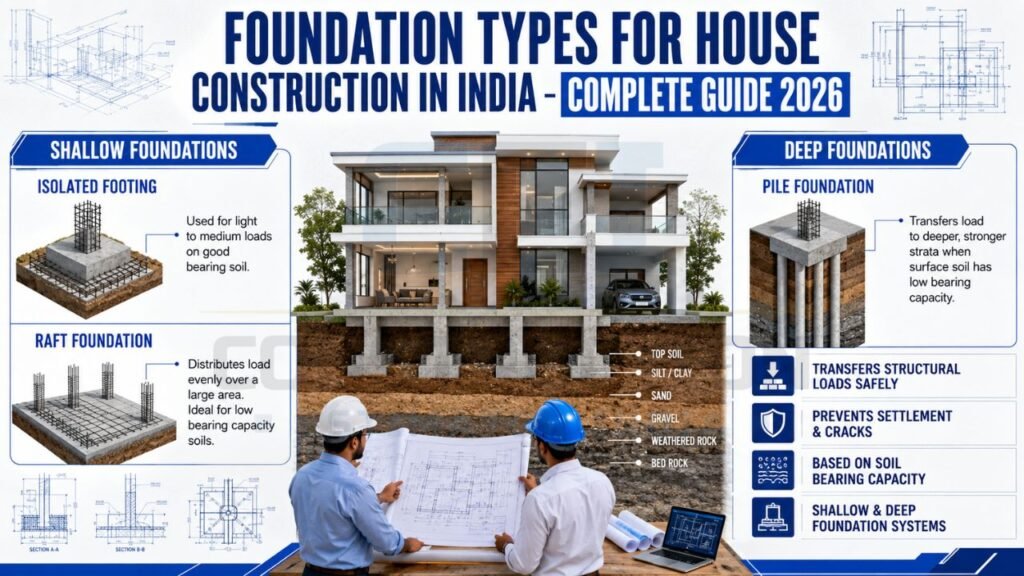 House foundation guide comparing shallow and deep foundations, including isolated footing, raft foundation, and pile foundation based on soil bearing capacity.