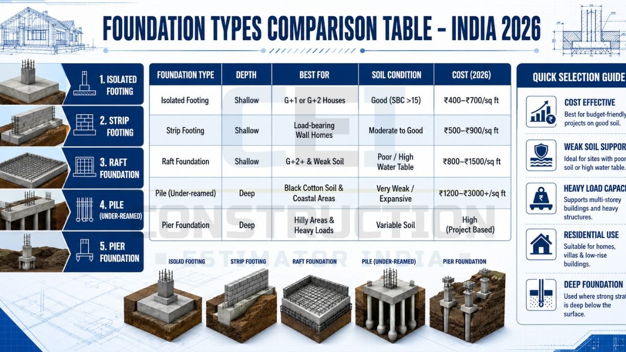 Illustration of shallow foundation systems including isolated footing, strip footing, and raft foundation used in residential house construction.