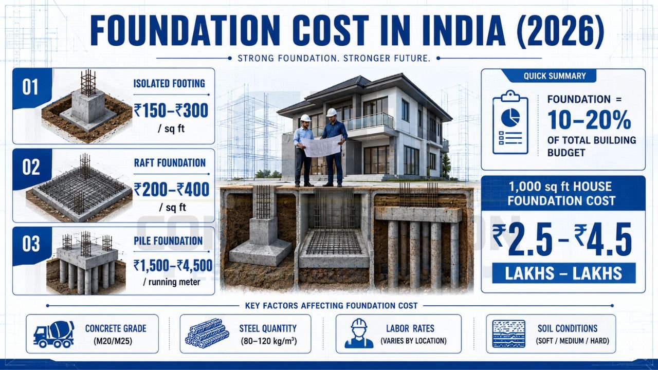 Foundation cost comparison in India showing isolated footing, raft foundation, and pile foundation costs, along with factors affecting foundation expenses.