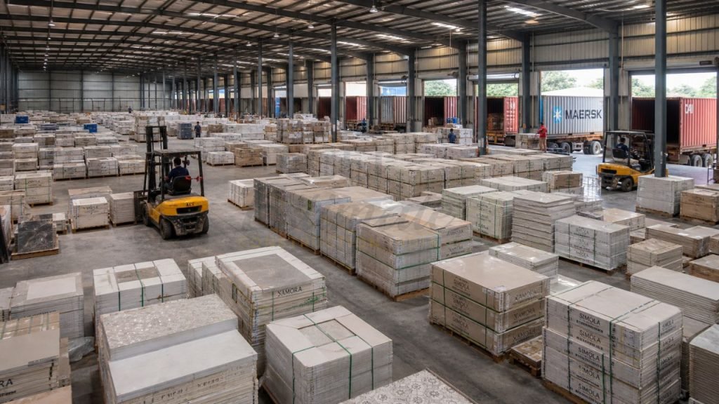 Large ceramic tile factory warehouse in Gujarat India with bulk pallet storage, forklifts, and containers ready for global export