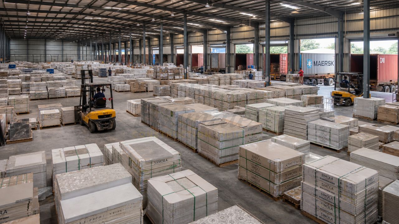 Large ceramic tile factory warehouse in Gujarat India with bulk pallet storage, forklifts, and containers ready for global export