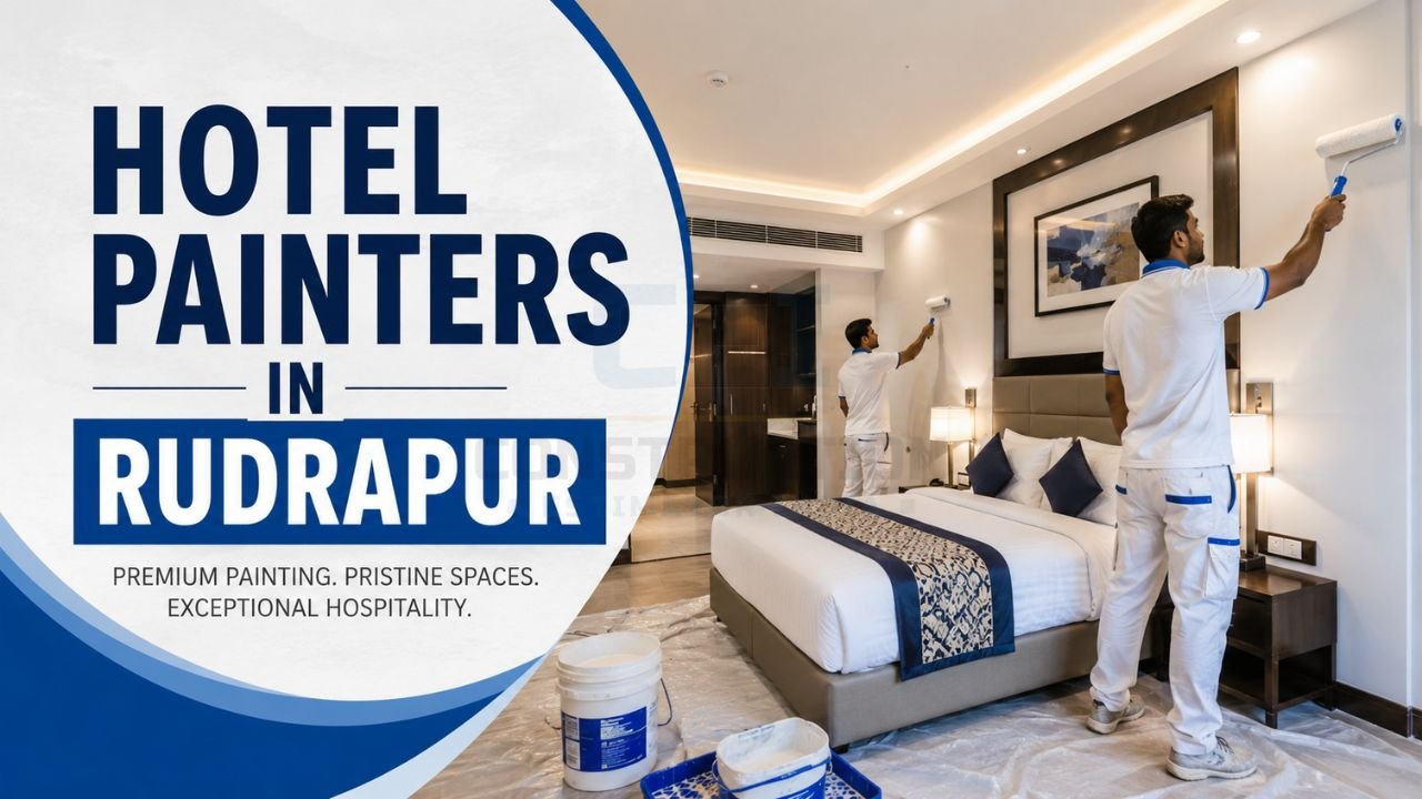 Professional painters painting hotel room interiors in Rudrapur with premium wall finishes and commercial hospitality painting services