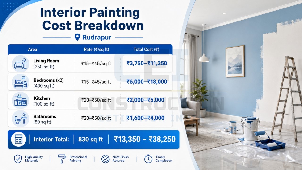 Interior painting cost breakdown Rudrapur showing living room, bedrooms, kitchen, and bathroom costs with total estimate