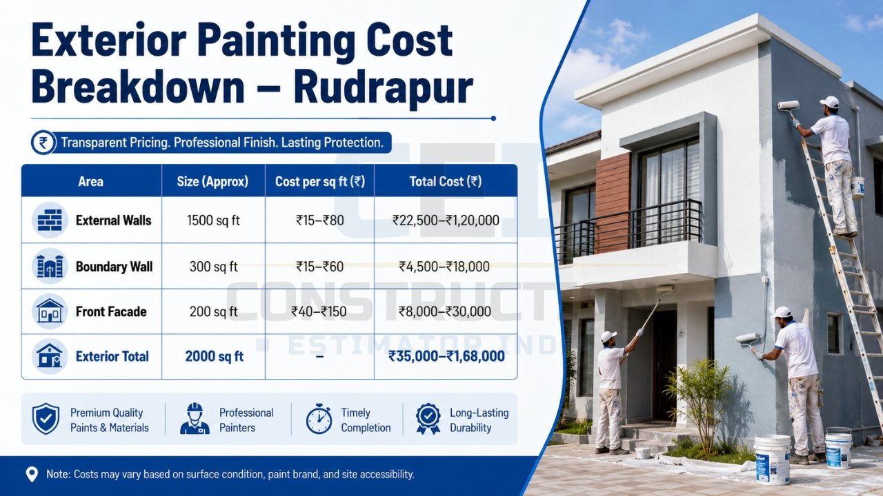 Exterior painting cost breakdown Rudrapur showing external walls, boundary wall, and facade costs with total estimate