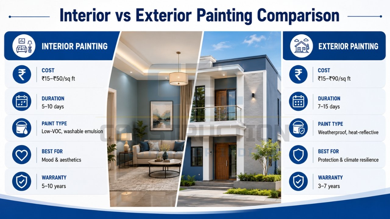 Interior vs exterior painting comparison showing cost, duration, paint types, benefits, and warranty differences