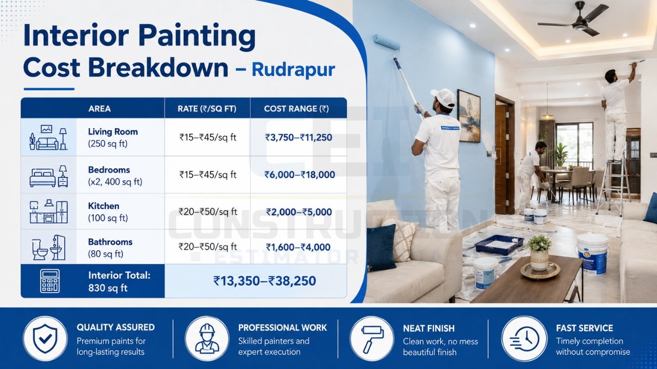 Interior painting cost breakdown Rudrapur showing living room, bedrooms, kitchen, and bathroom costs with total estimate