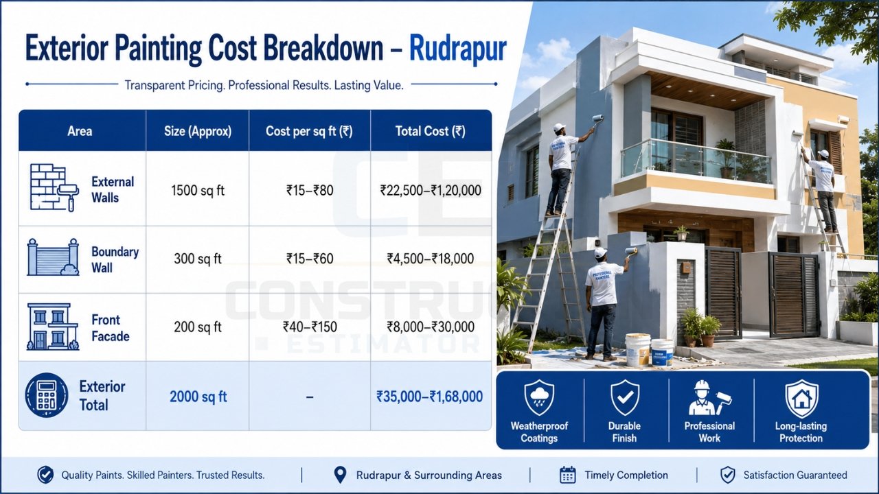 Exterior painting cost breakdown Rudrapur showing external walls, boundary wall, and front facade costs with total estimate