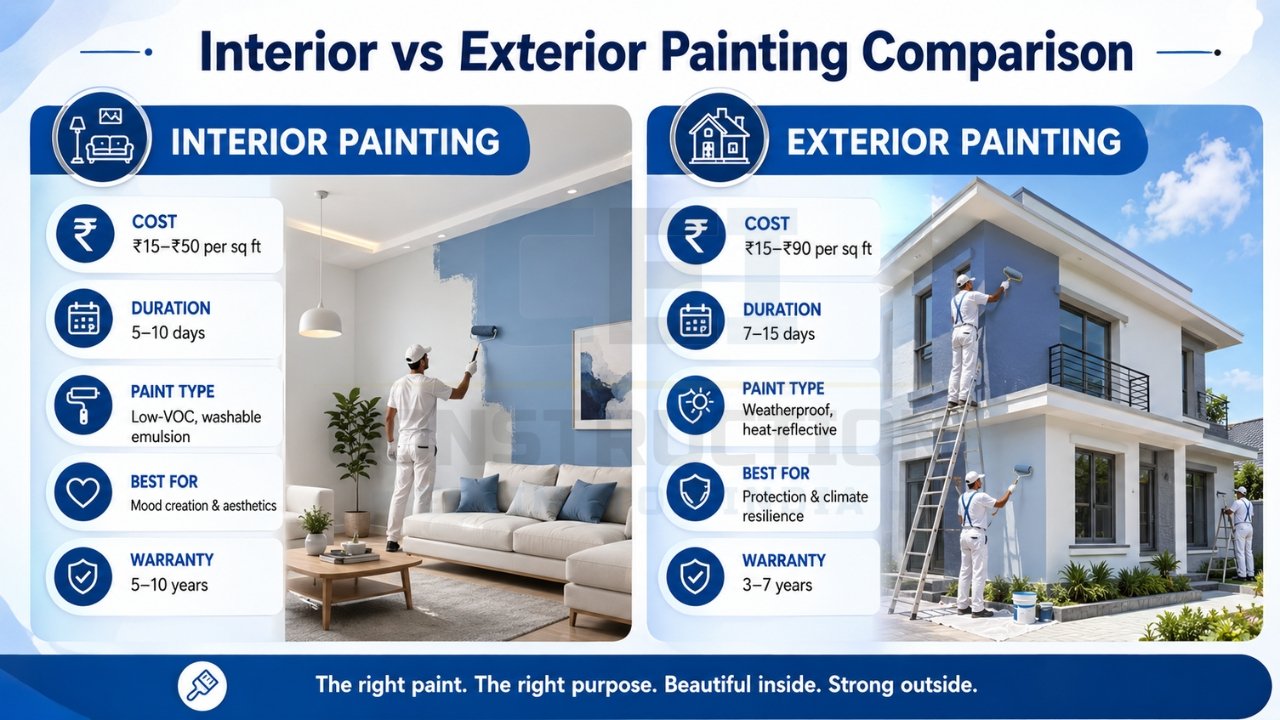 Interior vs exterior painting comparison showing cost per sq ft, duration, paint types, purpose, and warranty differences
