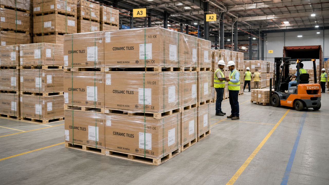 ceramic tiles pallets warehouse India export packing loading containers logistics quality inspection