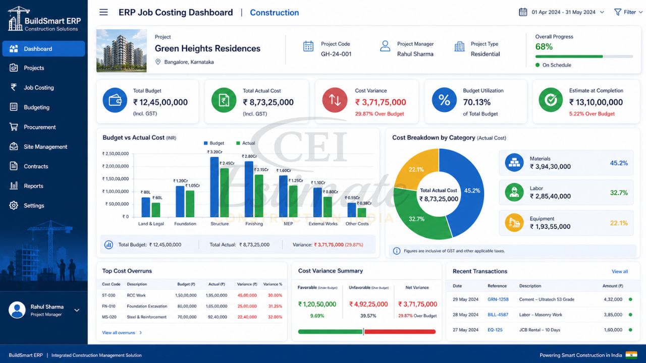ERP Job Costing Dashboard for Construction Project Cost Tracking in India