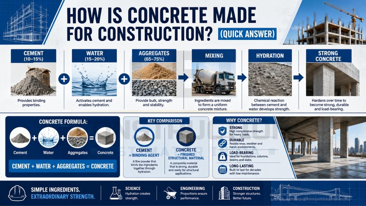 Construction infographic explaining concrete ingredients, including cement, water, and aggregates, and showing the mixing and hydration process that creates strong concrete.
