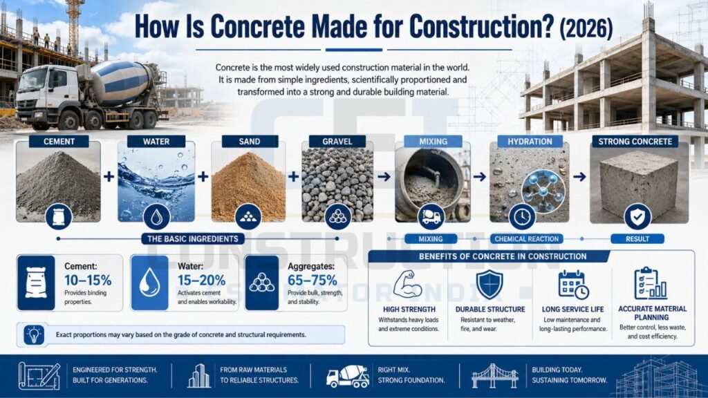Detailed infographic showing concrete production for construction, including cement, water, sand, gravel, mixing, hydration, material proportions, and concrete benefits.