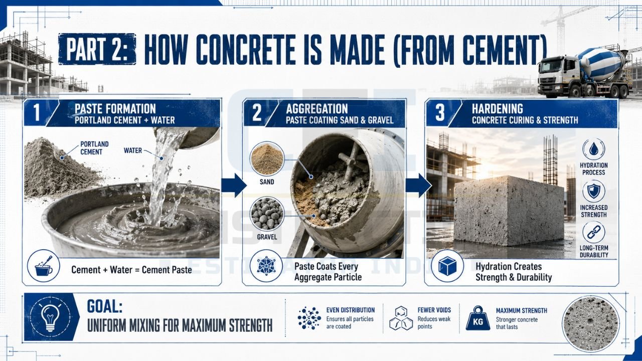 Step-by-step infographic showing how concrete is made from cement, water, sand, and gravel through mixing, aggregation, hydration, and curing processes.