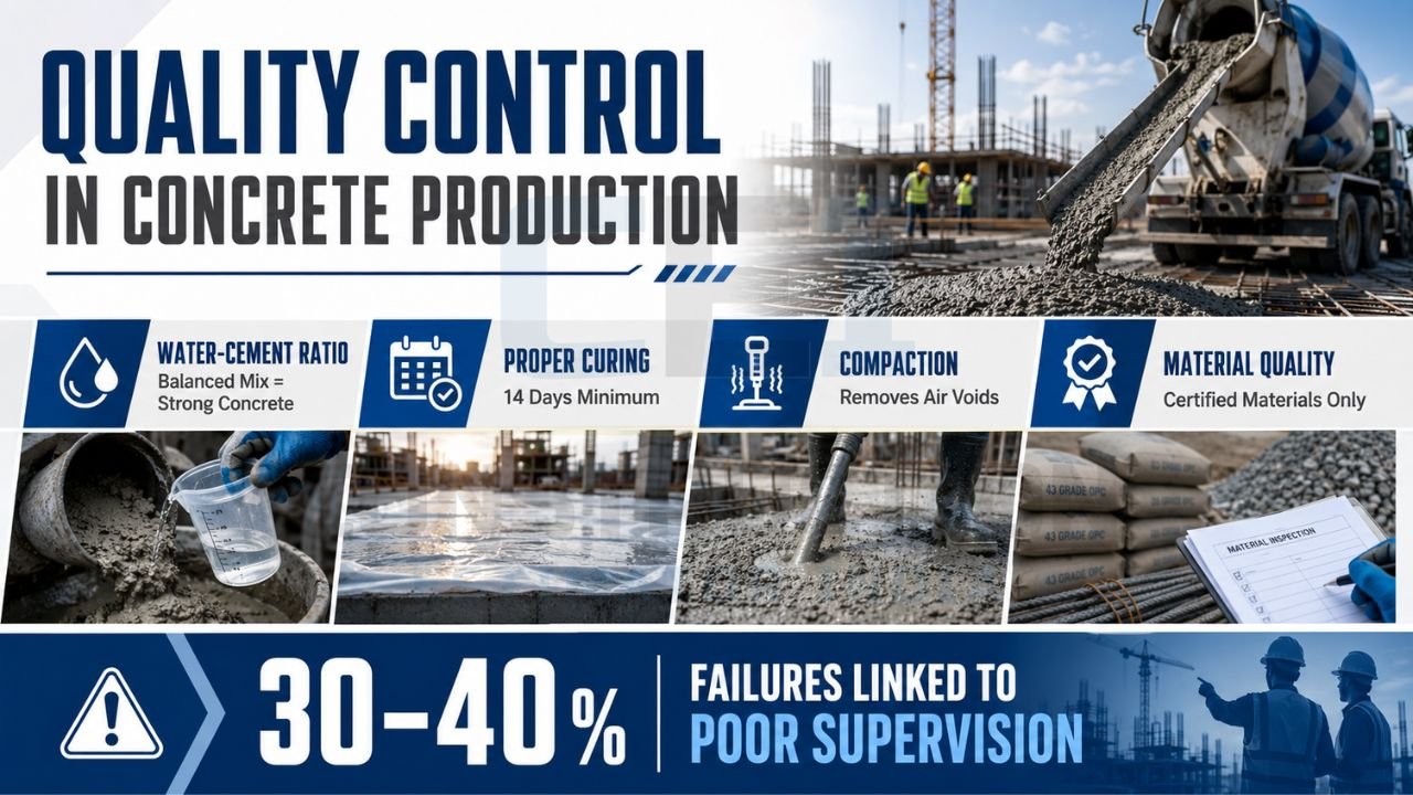 Infographic explaining quality control in concrete production, highlighting water-cement ratio, proper curing, compaction, material quality, and the impact of poor supervision on construction quality.
