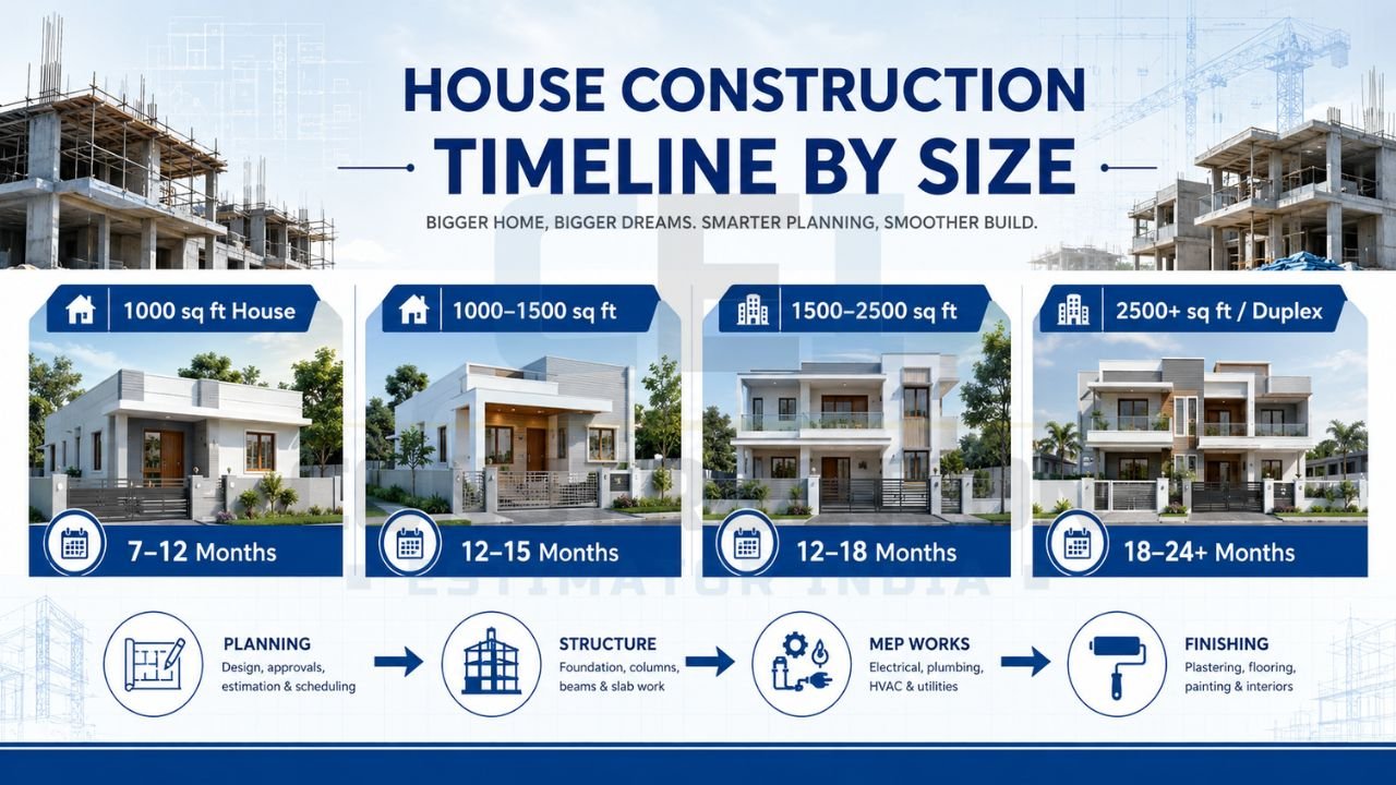 Comparison of house construction timelines based on home size, ranging from 1,000 sq ft homes to large duplex houses.
