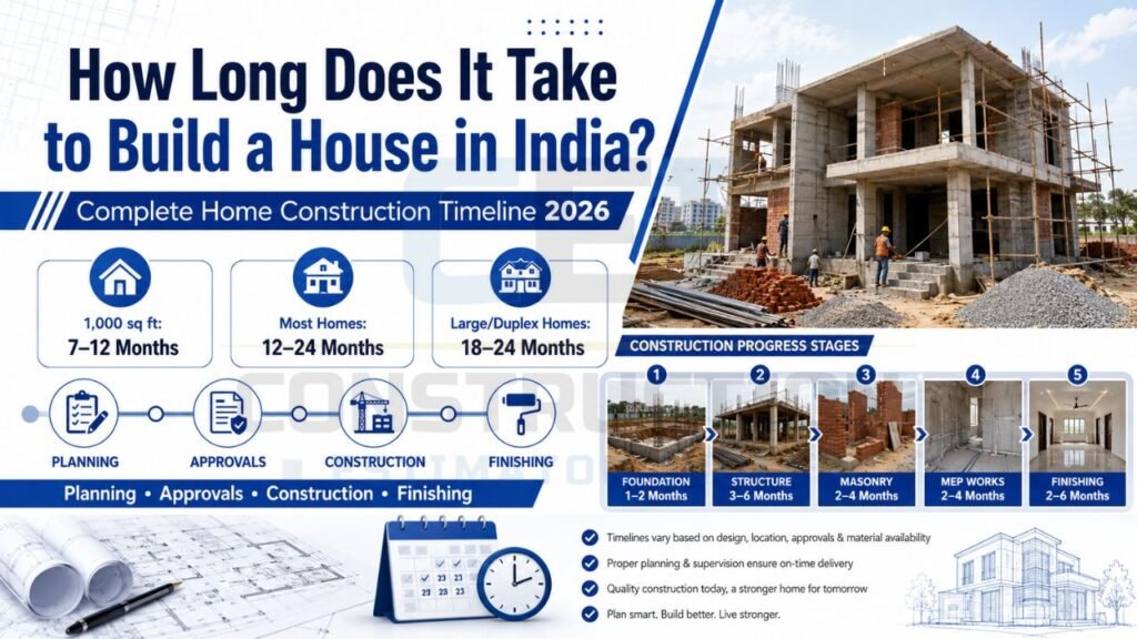 Infographic showing the complete house construction timeline in India, including planning, approvals, foundation, structure, MEP works, and finishing stages.