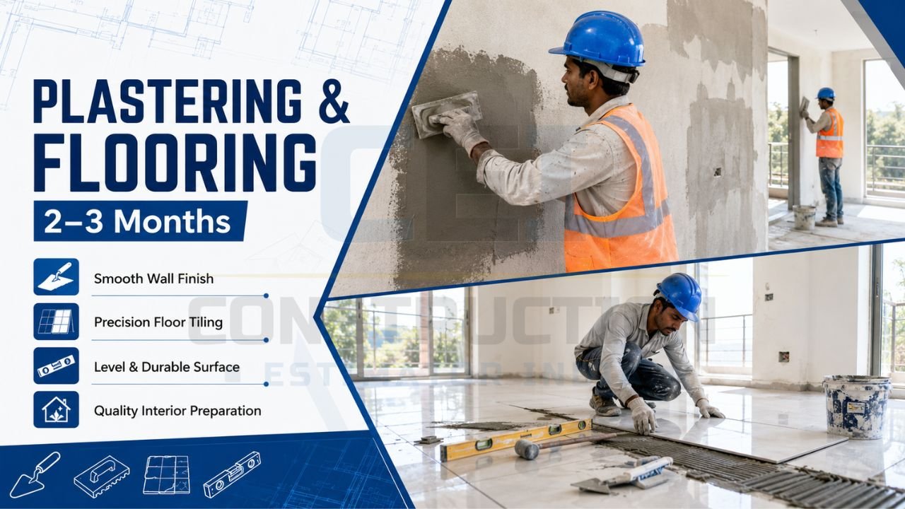 Construction workers performing wall plastering and floor tile installation during the finishing stage of residential construction.