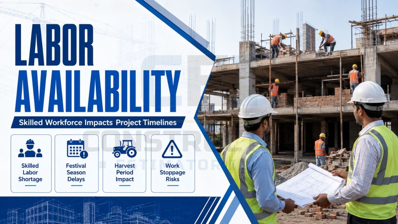 Construction workers and site engineers discussing labor availability at a building site, highlighting workforce shortages, festival season delays, harvest season impact, and work stoppage risks.
