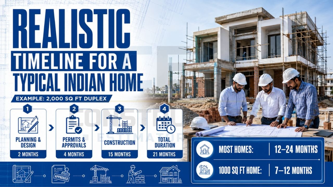 House construction timeline in India showing planning, approvals, construction, and total project duration for a 2,000 sq ft duplex home.