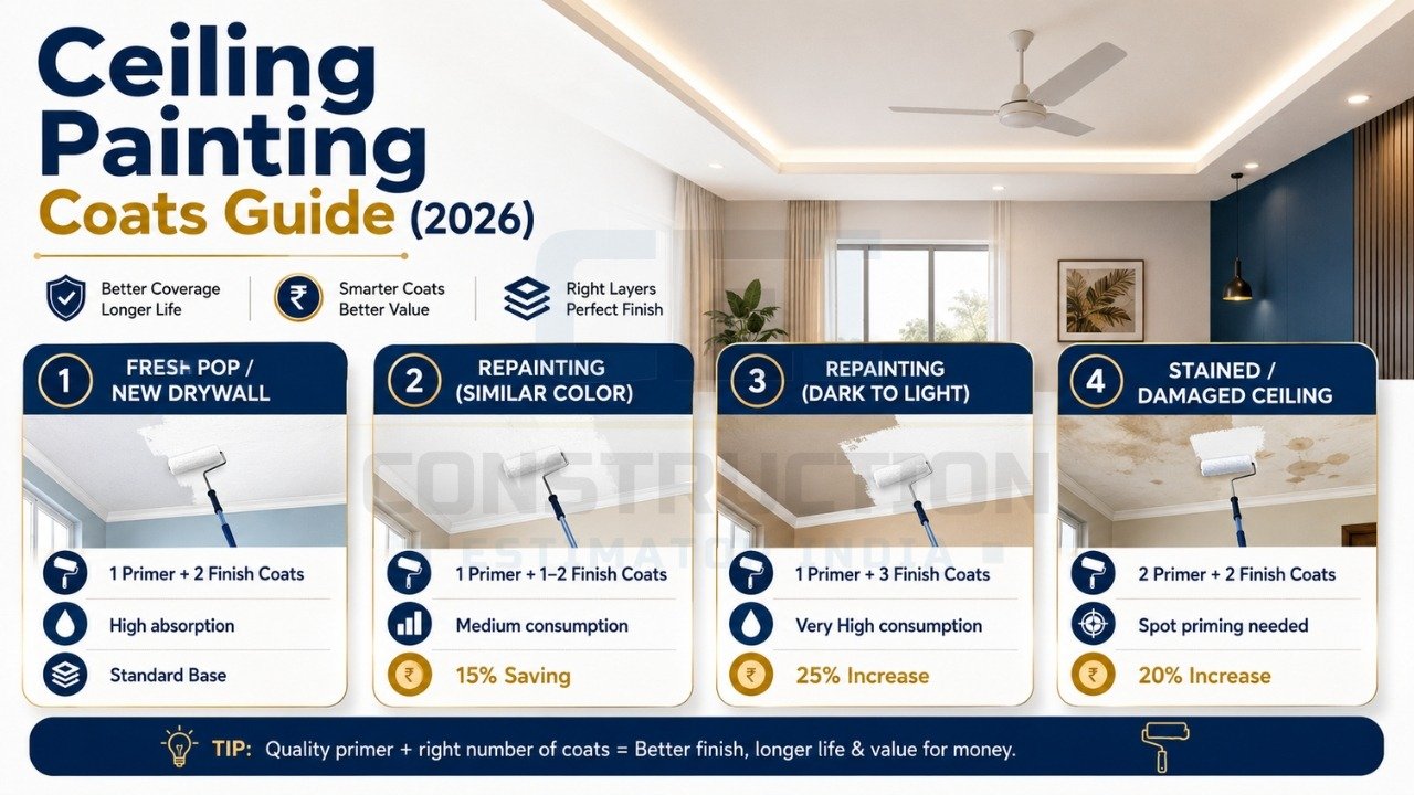 Ceiling painting coats guide 2026 with primer and finish coats for different ceiling types