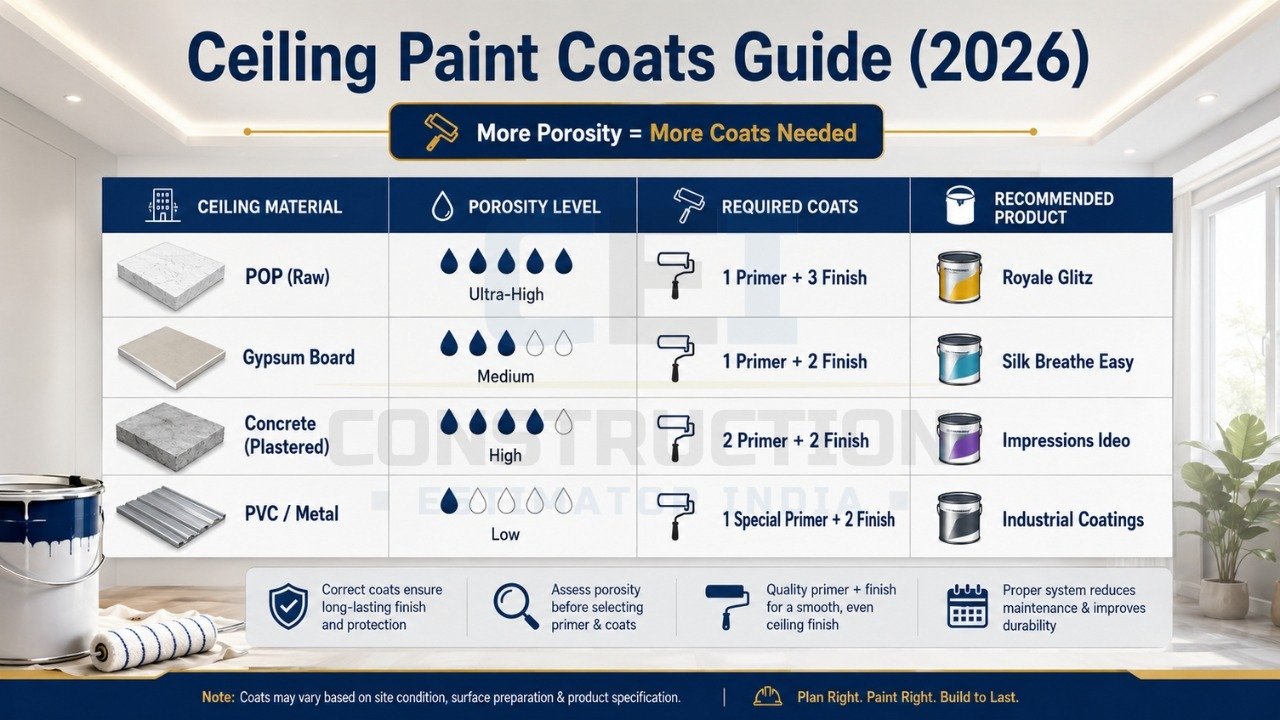 Ceiling paint coats guide 2026 by material with primer and finish coat requirements