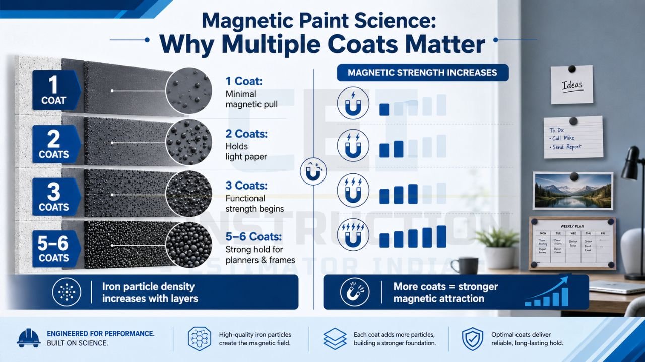 Diagram explaining how additional magnetic paint coats increase iron particle density and magnetic strength